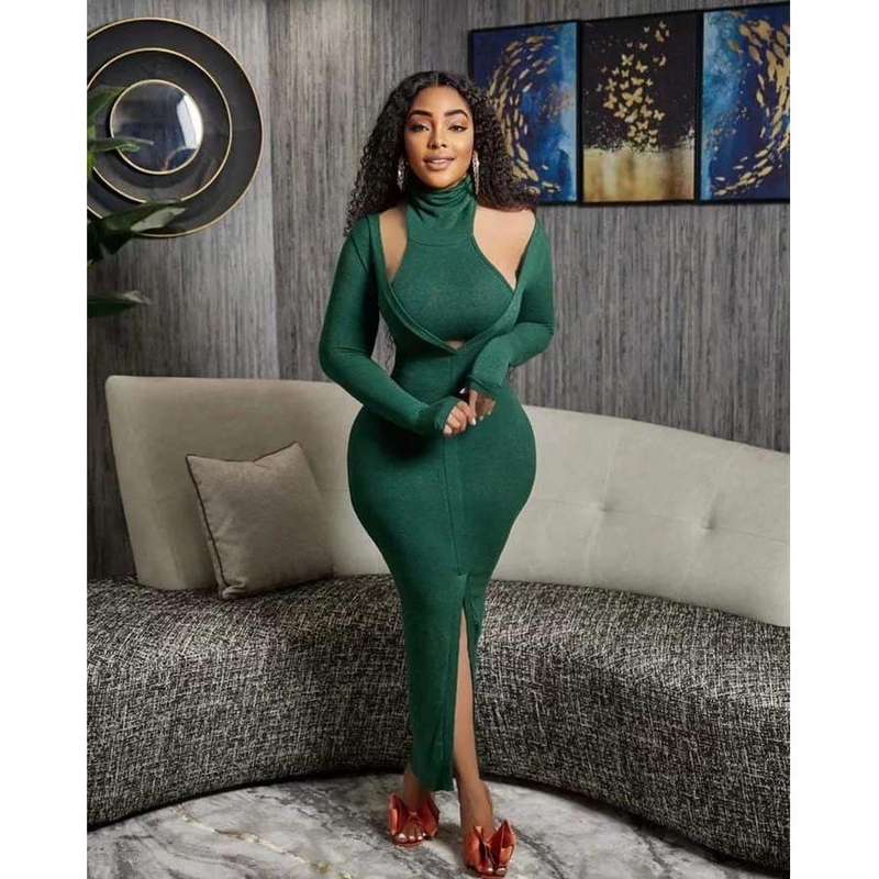 Turtle Neck Top & Deep V-Neck Dress Set