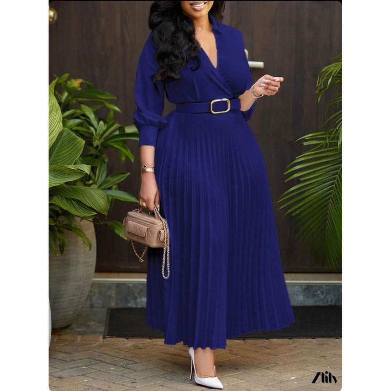 Elegant Lantern Sleeve Pleated Dress.