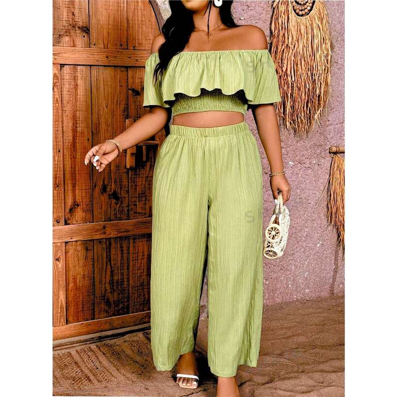 Elastic Top And Wide-Leg Pants Two-Piece Set.