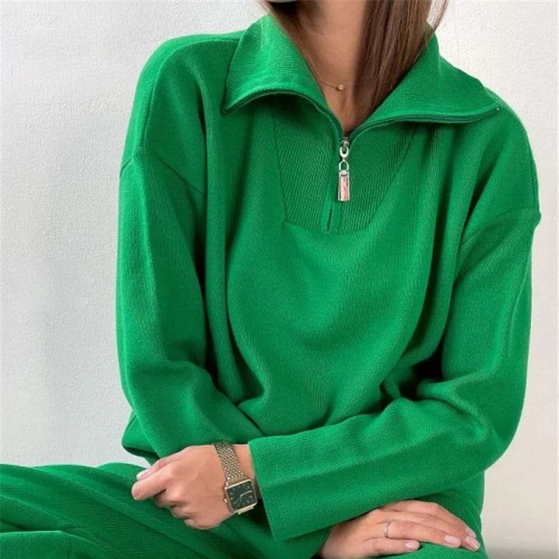 Knitted Zip Neck Top and Pant Set