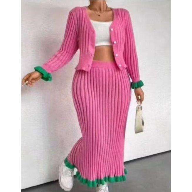 Sexy Knitted Buttoned Top and Skirt Set