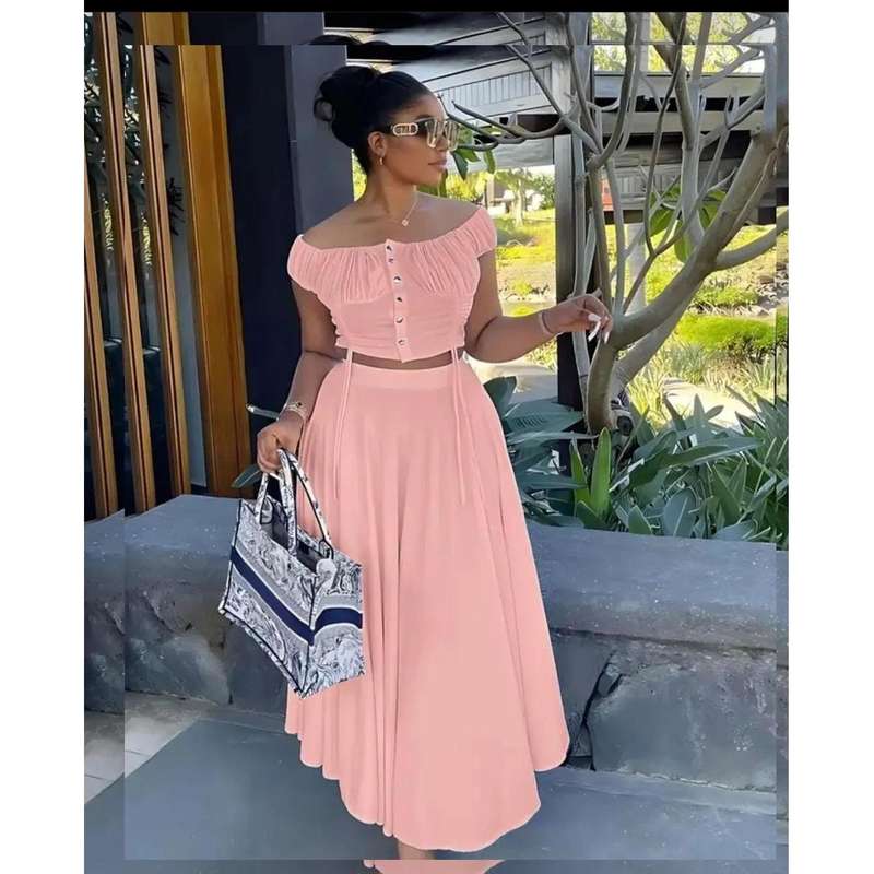 Off Shoulder Front Button Top and Skirt.