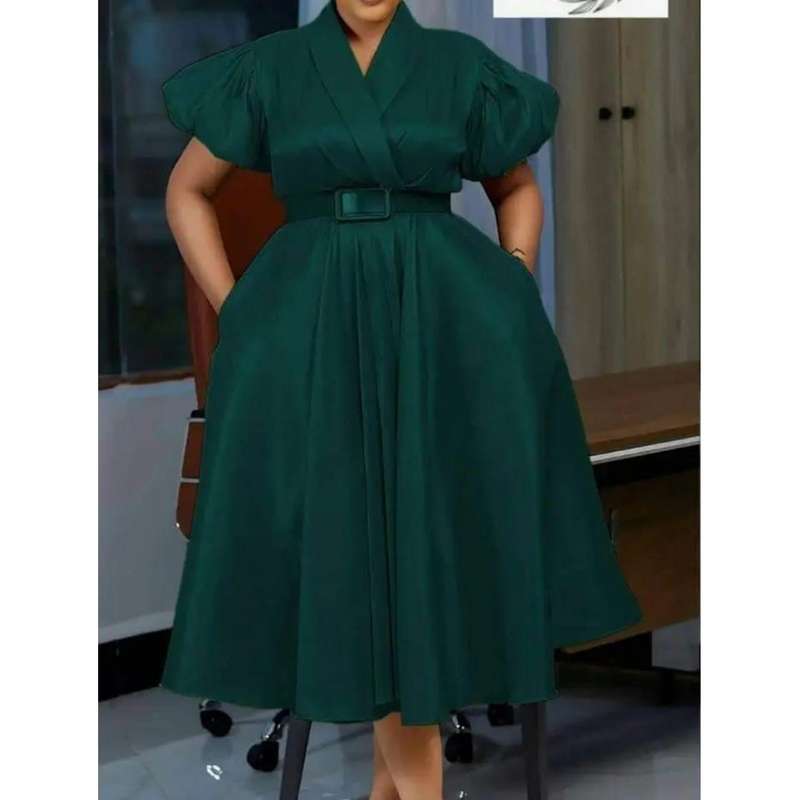 Formal Elegant Overlap Collar A-line Midi Dress.