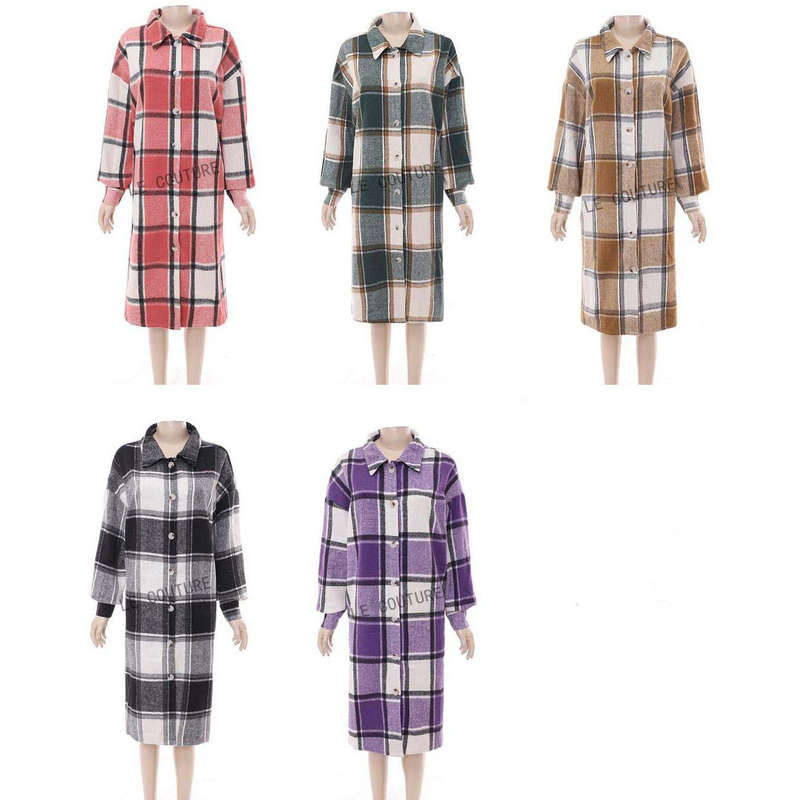 Plus Size Plaid Coat - GREEN / WHITE / M