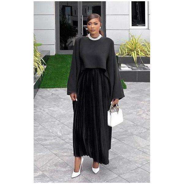 Pleated Hem Skirt & Wide Long Sleeve Top Set.