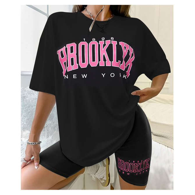 Short Sleeve Ladies Brooklyn Printed T Shirt and Tight Pants Set.