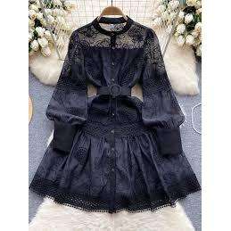 Summer Short Elegant Lace Stitching Hollow Out Long Sleeve Mini Dress.
