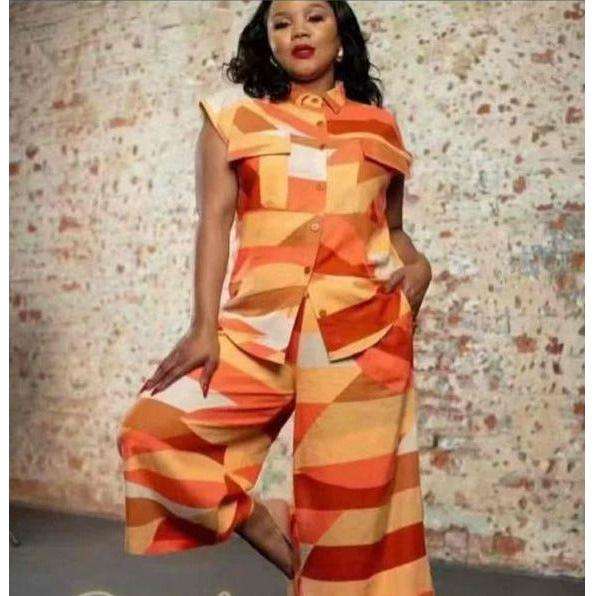 Vintage Buttoned Sleeveless Top and Pant Set