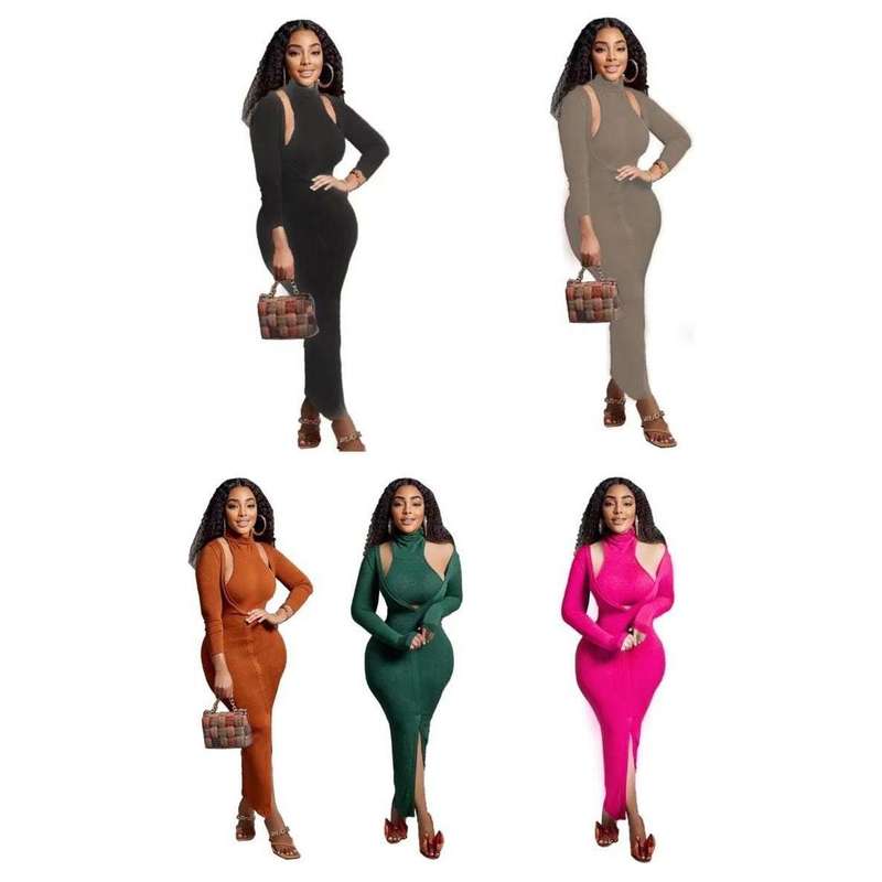 Turtle Neck Top & Deep V-Neck Dress Set