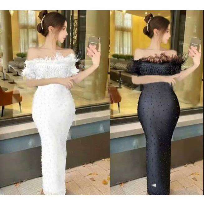 Beaded Off Shoulder Feather Dress