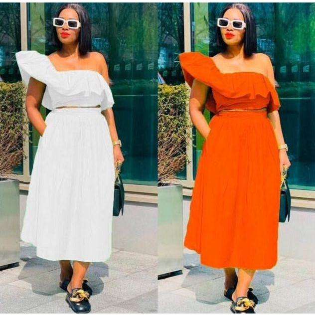 One Hand Off shoulder Crop Top and Skirt Set