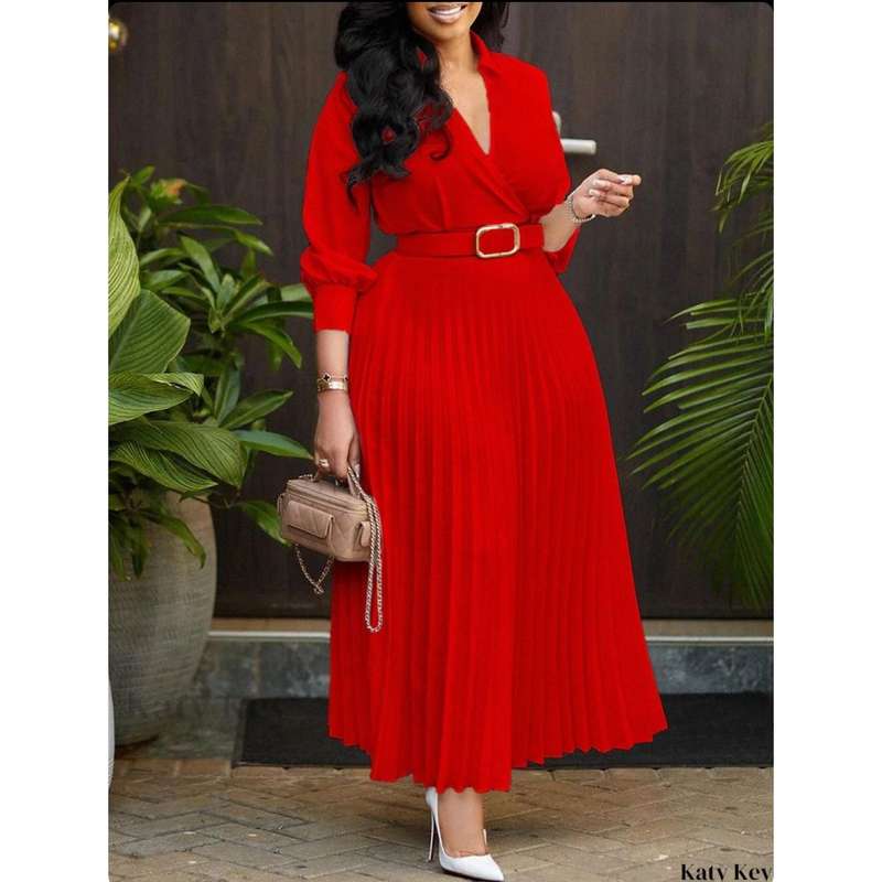 Elegant Lantern Sleeve Pleated Dress.