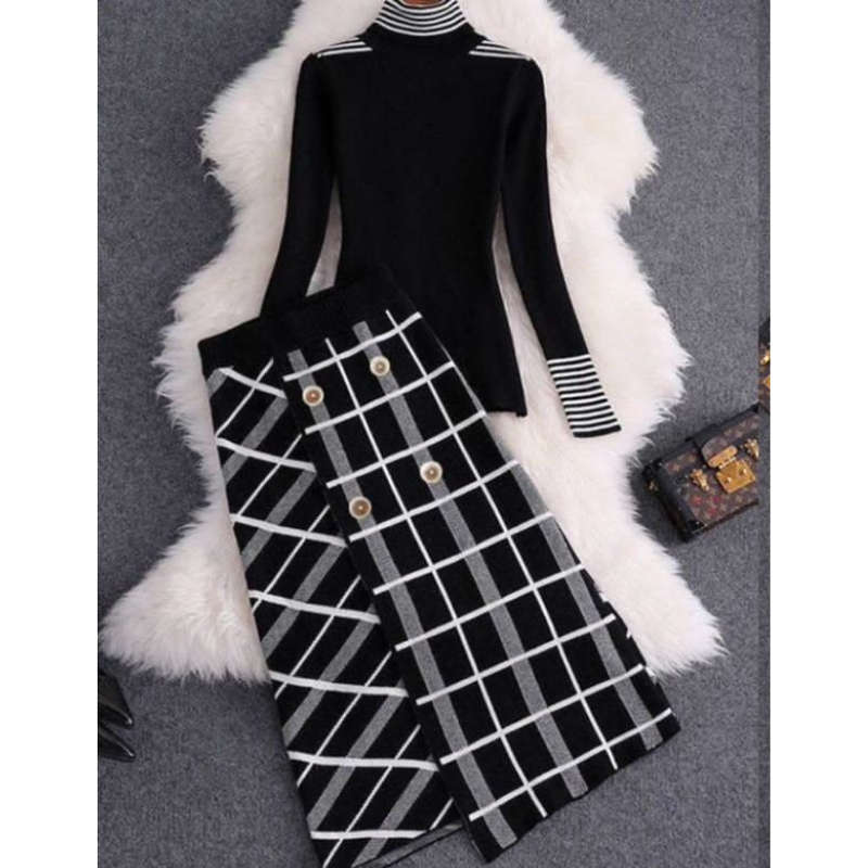 Turtleneck Top and Button Skirt Set