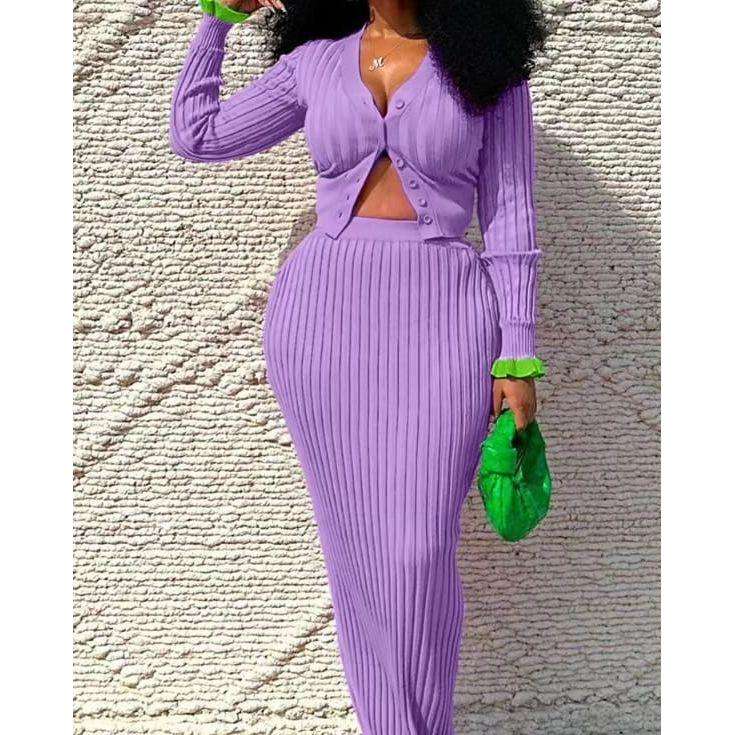 Knitted V-Neck Crop Top and Skirt Set