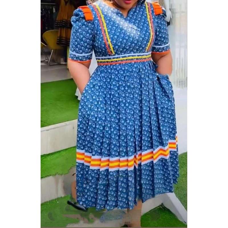 Round V-drop Neck Traditional Dress