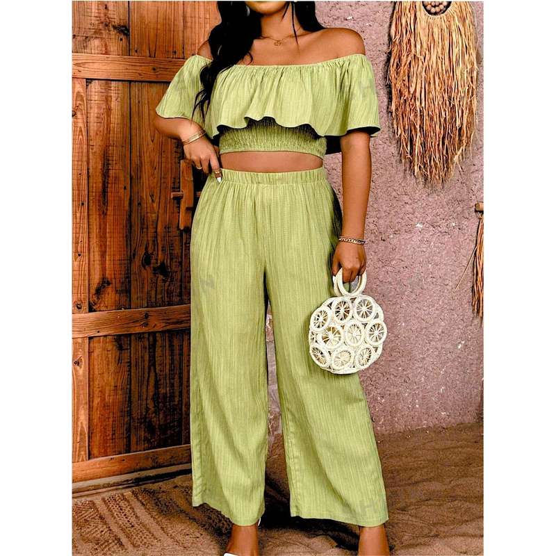 Elastic Top And Wide-Leg Pants Two-Piece Set.