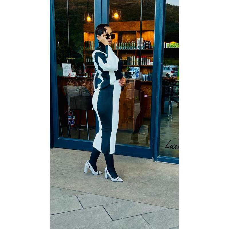 2 Tone Turtleneck Drop Shoulder Sweater & Knit Midi Skirt