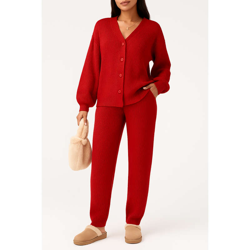 2pcs Casual Lantern Sleeve Cardigan And Pants Set