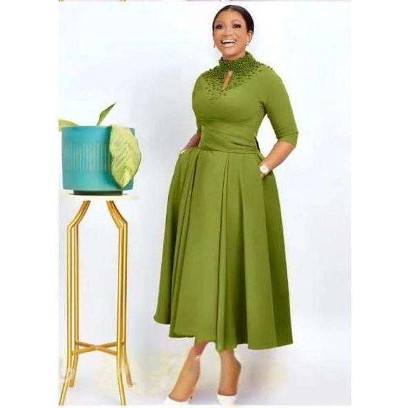 Three Quarters Sleeve Beads Detailed Midi Dress