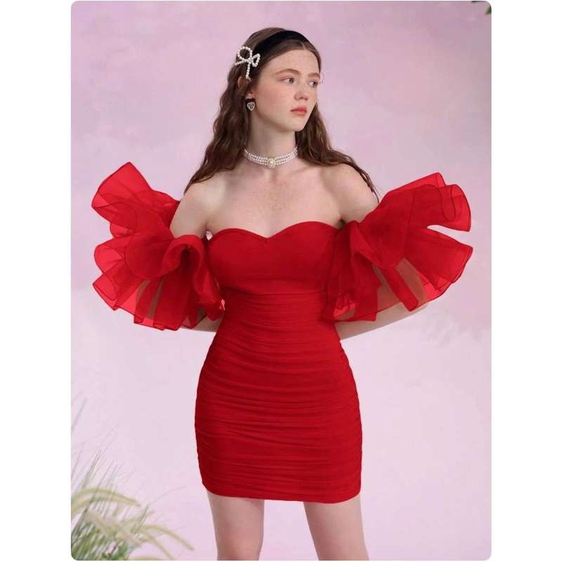 Off Shoulder Tight Pleated Short Dress