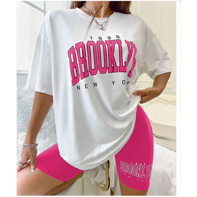 Short Sleeve Ladies Brooklyn Printed T Shirt and Tight Pants Set.