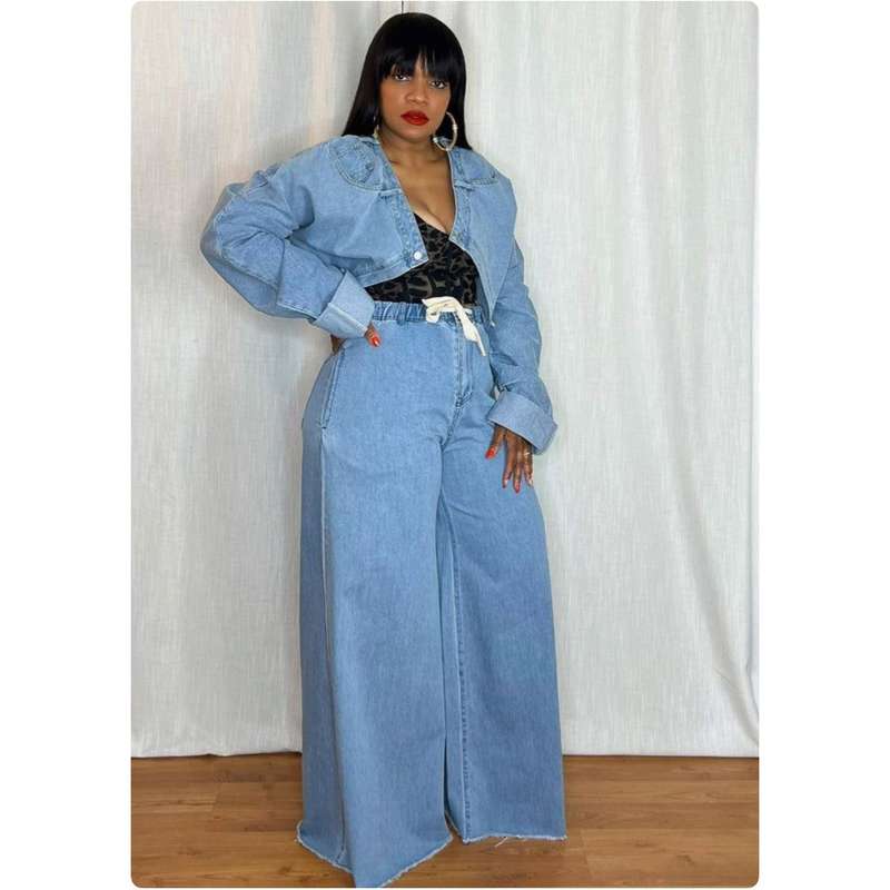 High Waisted Flare Pant & Crop Jacket Denim Set