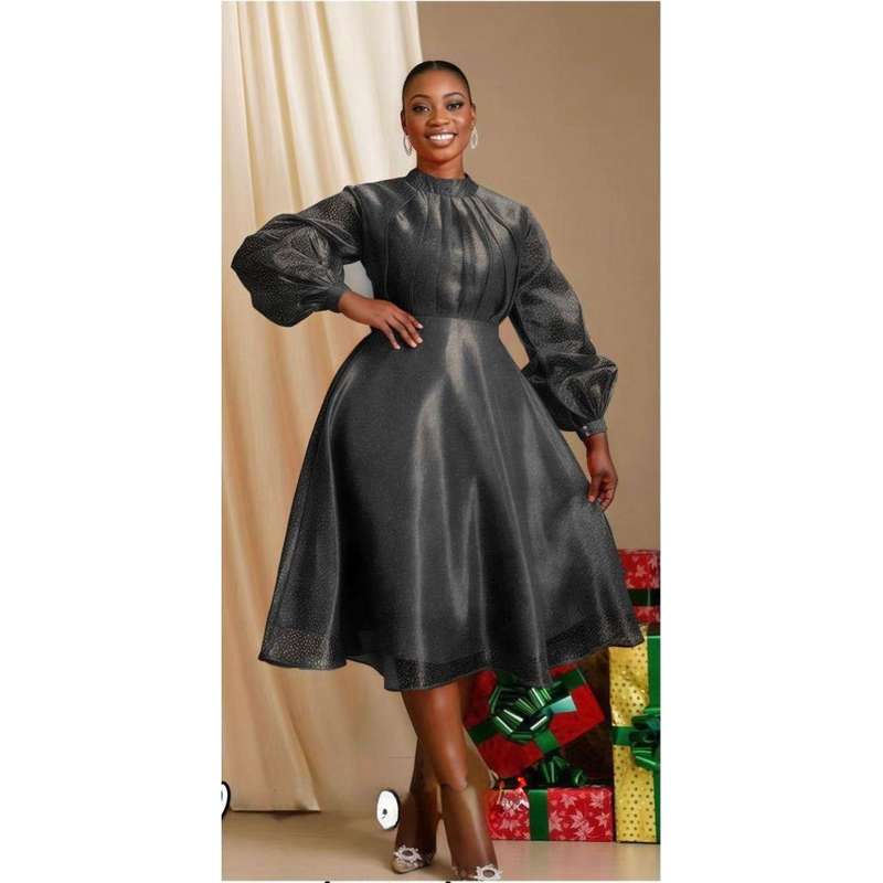 Pleated And Fluffy Sleeves Midi Dress.