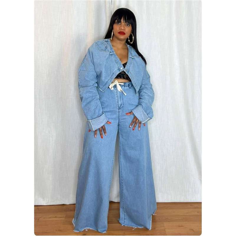 High Waisted Flare Pant & Crop Jacket Denim Set