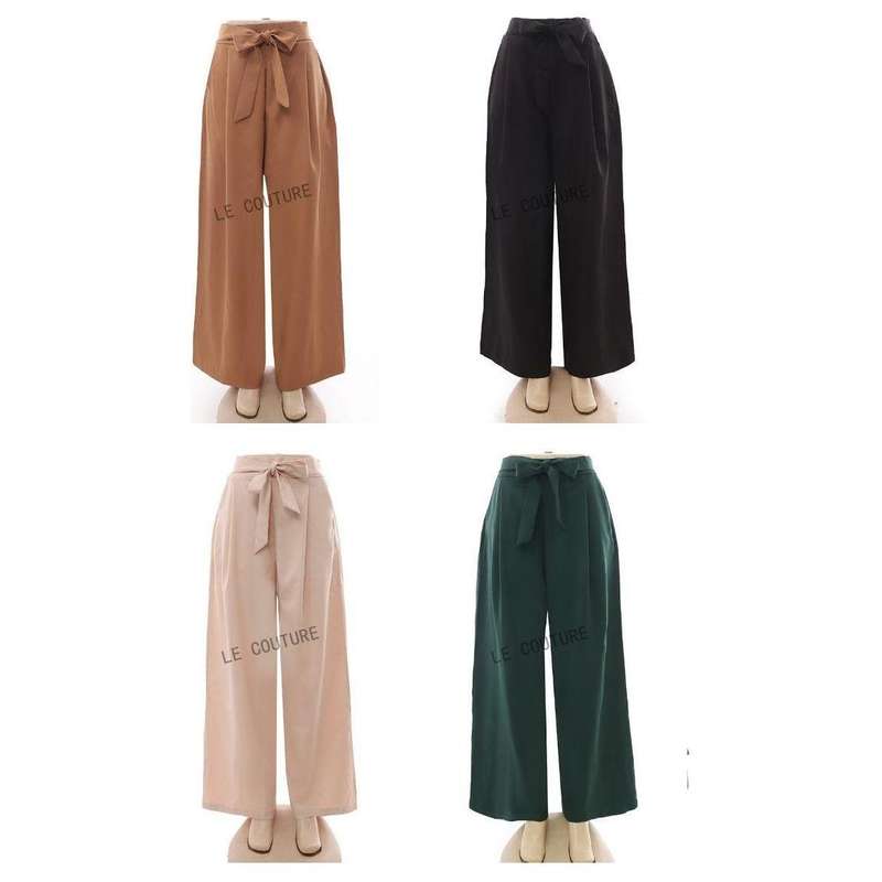 High Waist Plicated Detail Bow Front Wide Leg Pants
