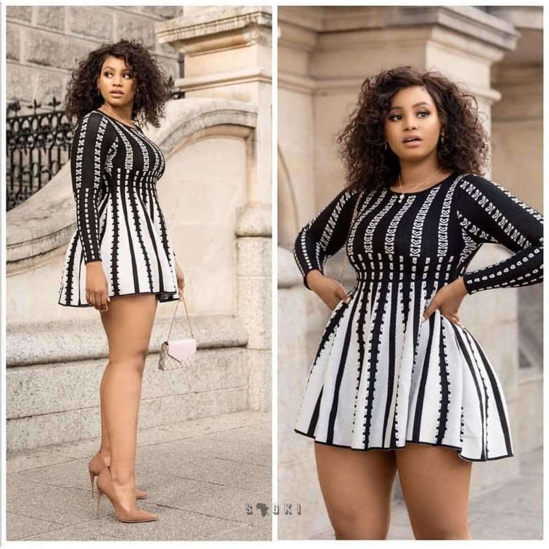 Autumn Winter Mini Knit Sweater Dress - BLACK/WHITE / L/XL