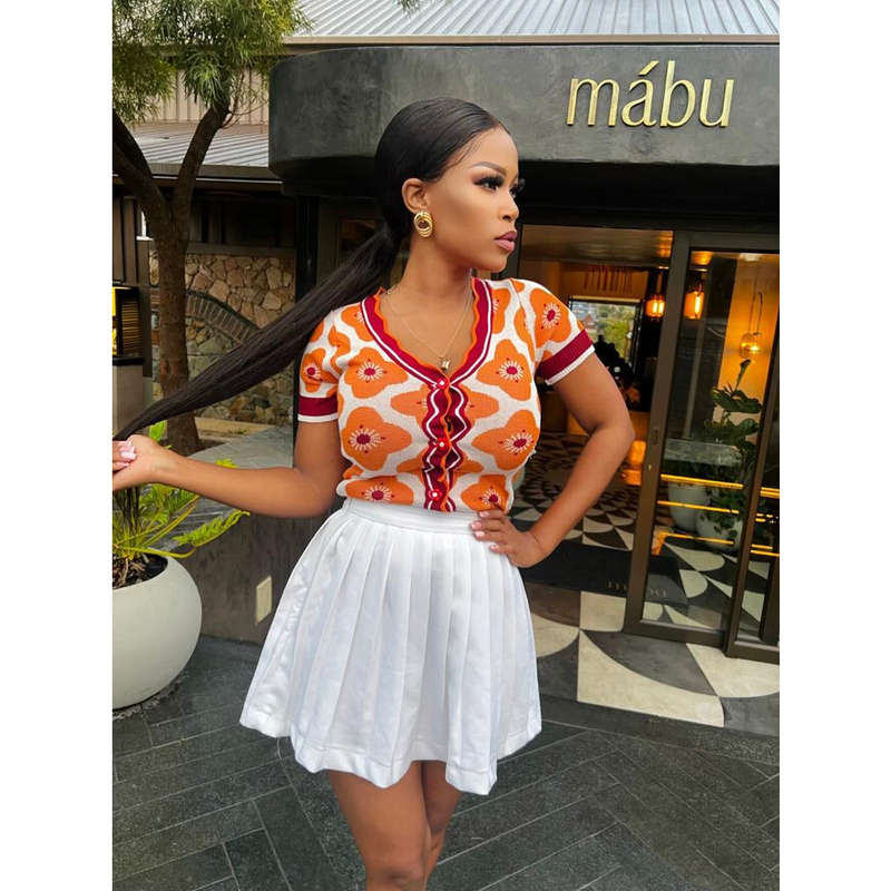 Buttoned Printed V-Neck T-Shirt
