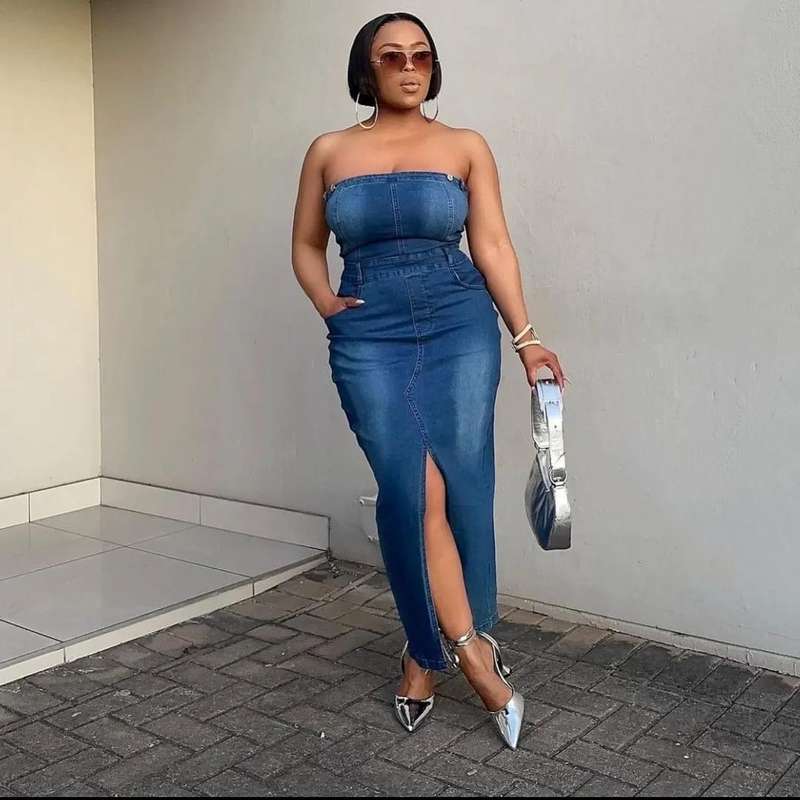Boob Tube Slit Denim Dress