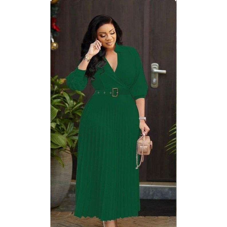 Elegant Lantern Sleeve Pleated Dress.