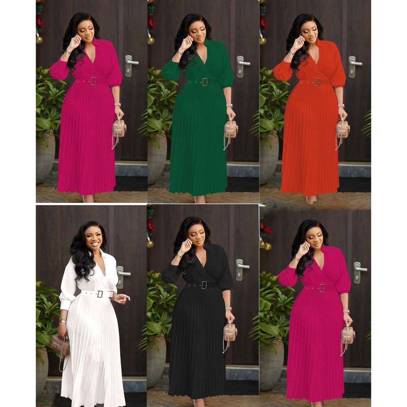 Elegant Lantern Sleeve Pleated Dress.