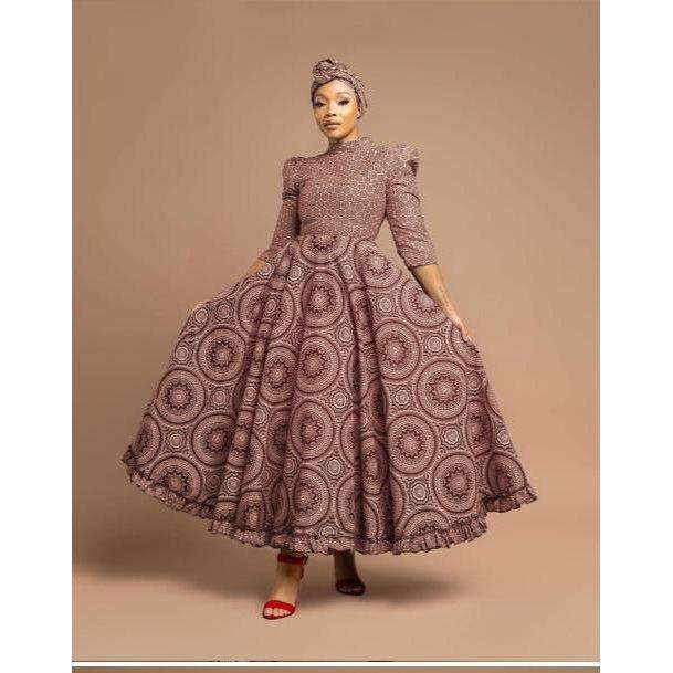 Round Neck Long Sleeve Ankara Dress.