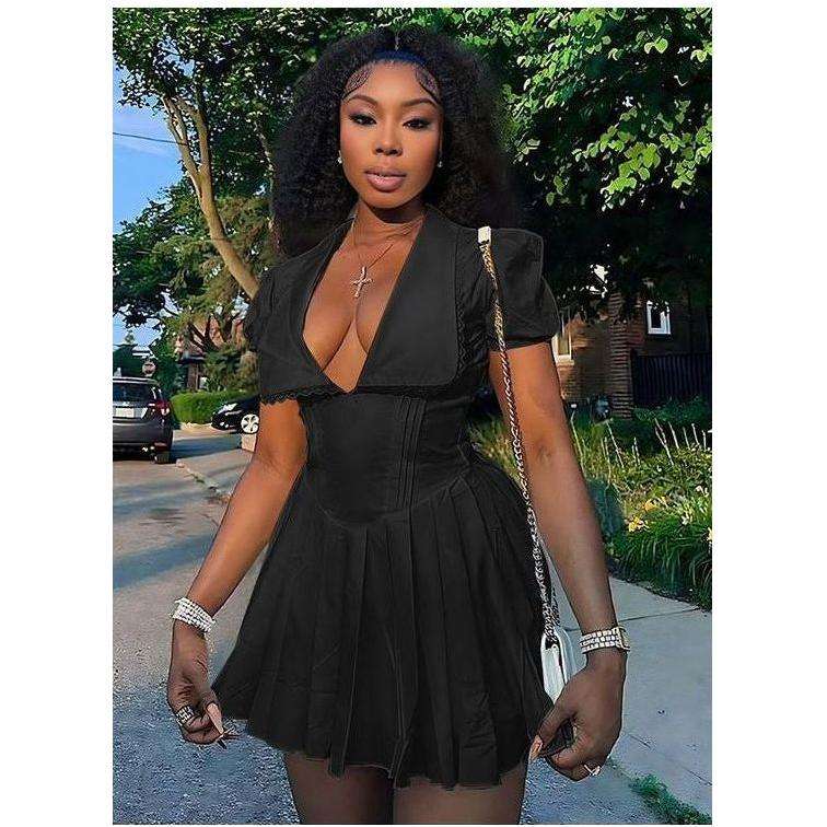 Sexy Deep V-Neck Pleated Mini Dress.