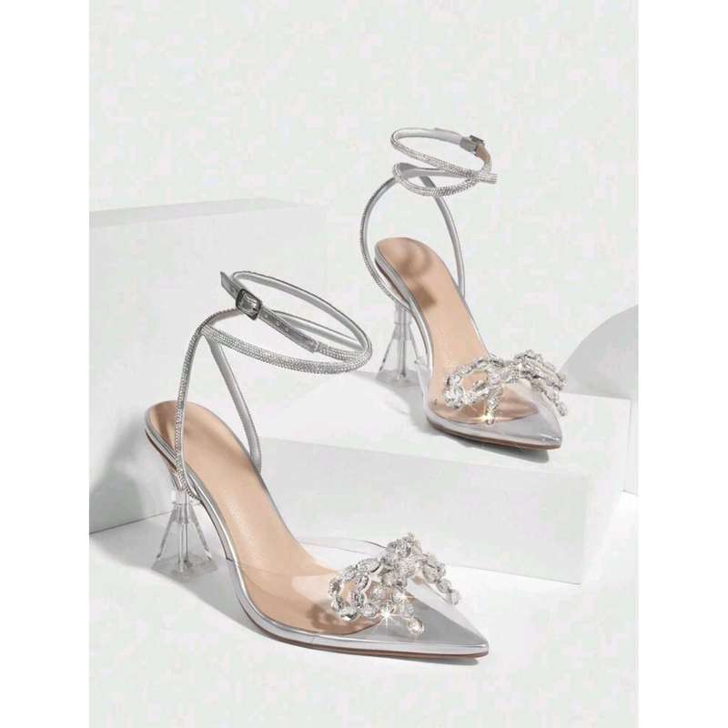 Rhinestone Decor Point Toe Sculptural Heeled Pumps