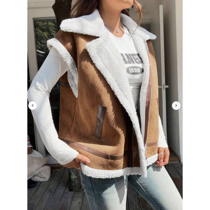 Solid Color Teddy Lined Zip Up Vest Jacket