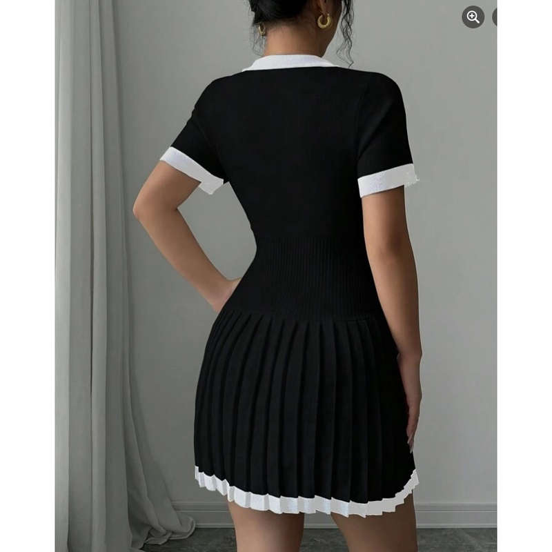 Drop V-Neck Casual Pleated Sweater Mini Dress