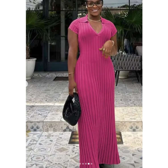 Long Sleeve V Neck Pleated Bodycon Knit Ribbed Maxi Dress
