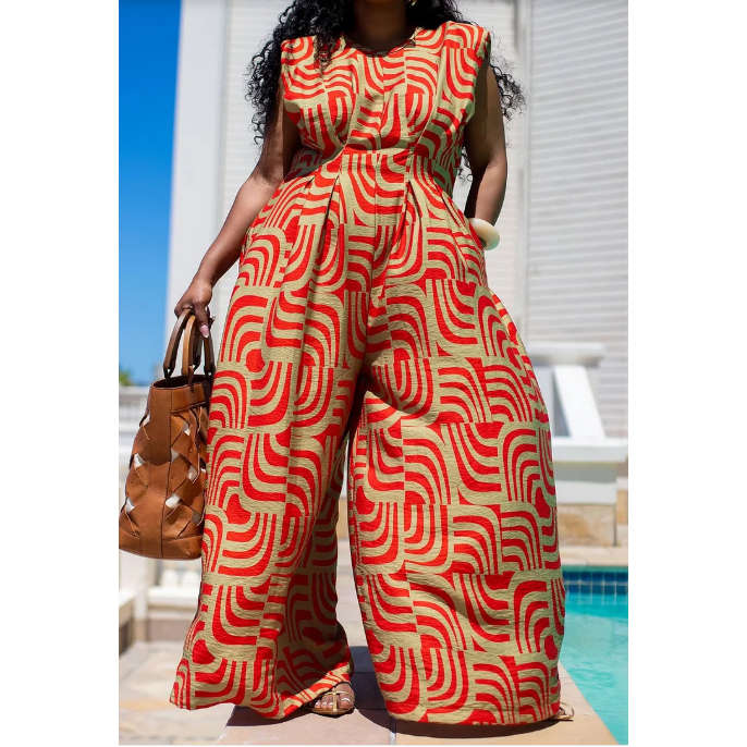 African Ankara Round Neck Pocket Wide Leg Jumpsuits