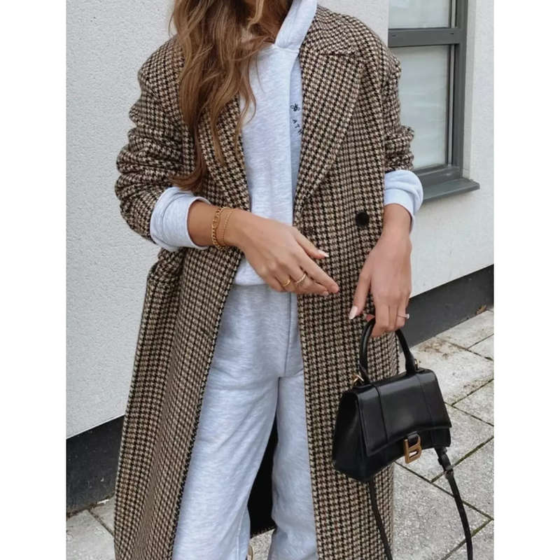Street Plaid Solid Patchwork Buckle Turndown Collar Outerwear