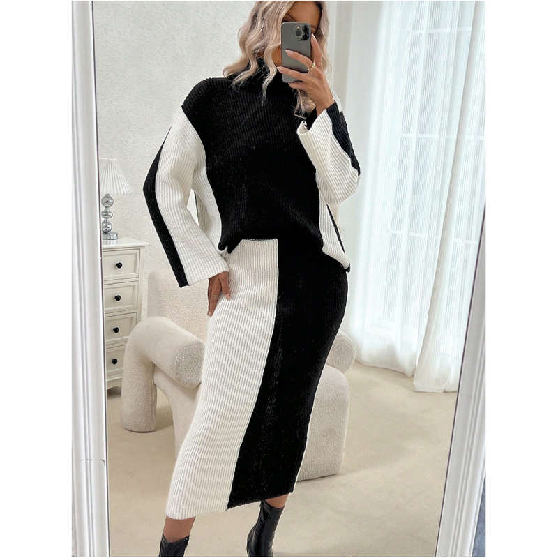 2 Tone Turtleneck Drop Shoulder Sweater & Knit Midi Skirt