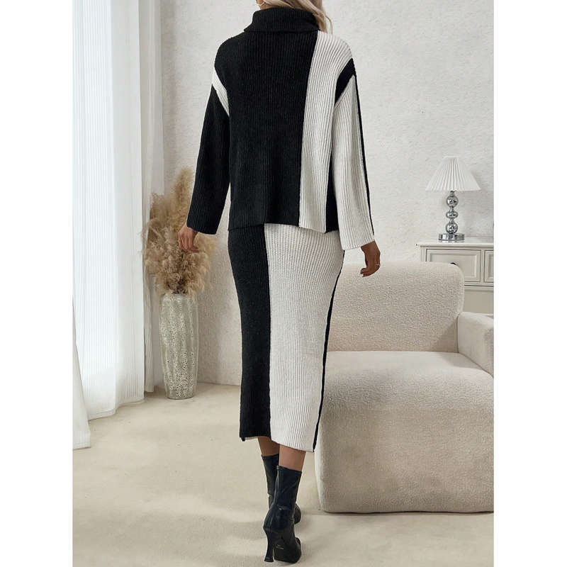 2 Tone Turtleneck Drop Shoulder Sweater & Knit Midi Skirt