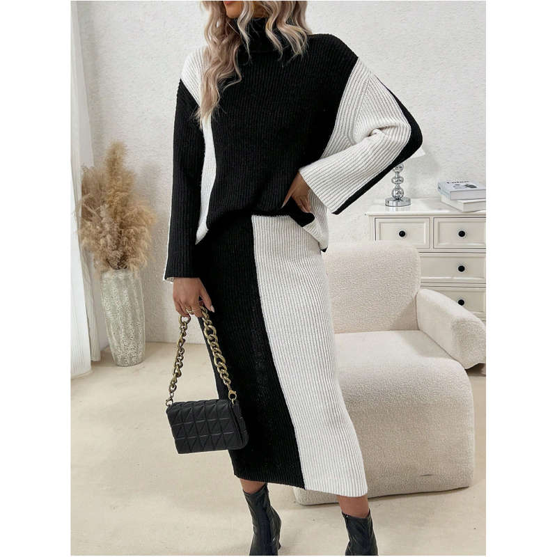 2 Tone Turtleneck Drop Shoulder Sweater & Knit Midi Skirt