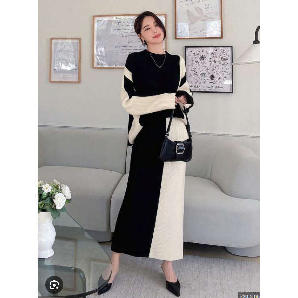 2 Tone Turtleneck Drop Shoulder Sweater & Knit Midi Skirt