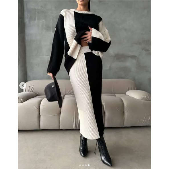 2 Tone Turtleneck Drop Shoulder Sweater & Knit Midi Skirt