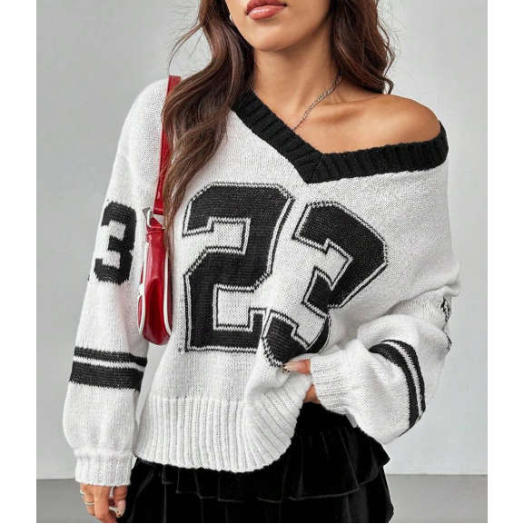 Numerical Pattern Long Sleeve Knitted Jersey