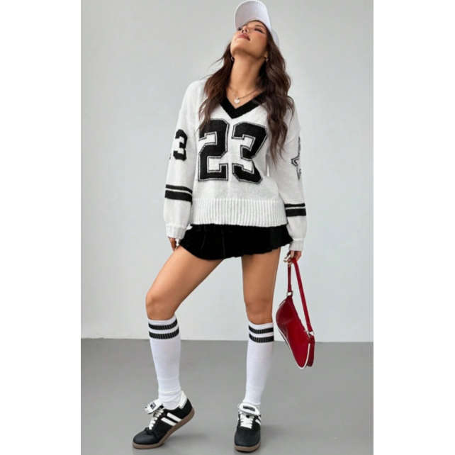 Numerical Pattern Long Sleeve Knitted Jersey