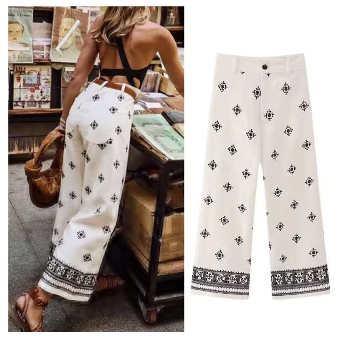 High Waisted Embroidered Linen Pants